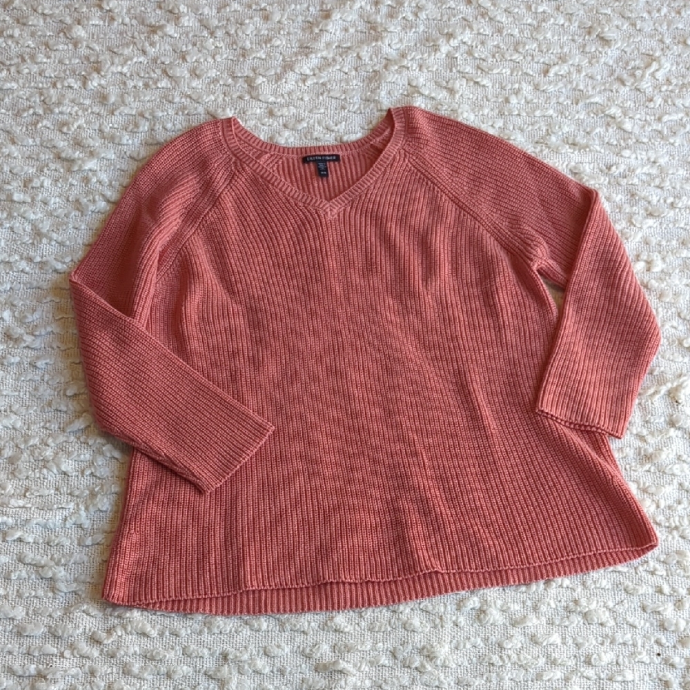 Eileen Fisher Cotton Tencel Medium Women's Coral Pink V Neck Pullover Sweater